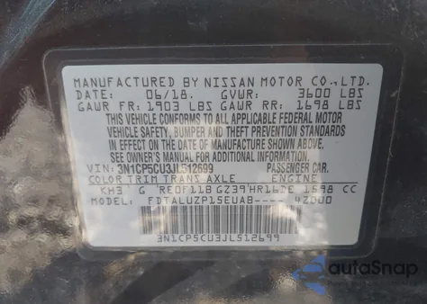 2018 Nissan Kicks S/Sr/Sv from USA, damaged, VIN 3N1CP5CU3JL512699
